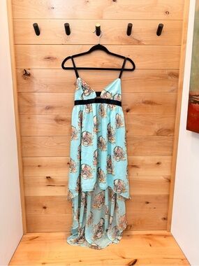 Millau Aqua Skull Floral High-Low Spaghetti Strap Dress with Black Trim